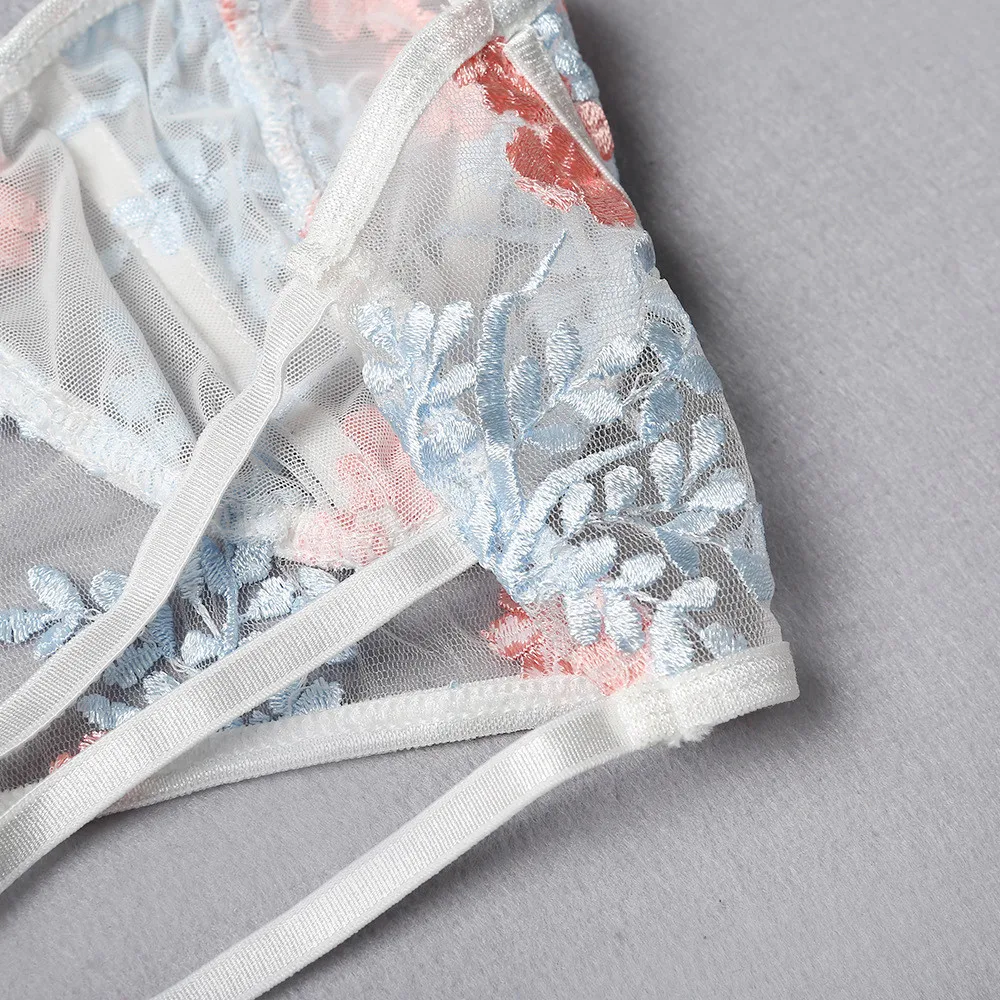 

Sexy Lingerie Woman Corset Embroidery Flower Perspective Net yarn Intimates Sleepwear Underwear Suit lenceria sexy mujer E3