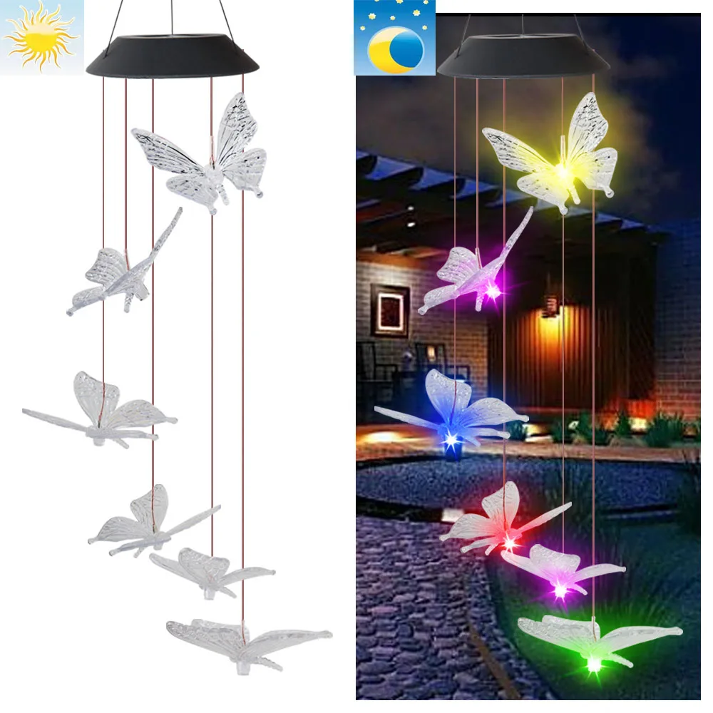 Светодиодная лампа в виде бабочки на солнечной батарее колокольчиков 7 цветов