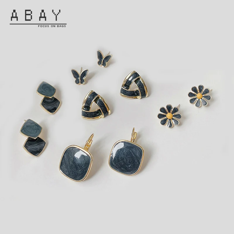 

S925 Silver Needle Drop Glaze Haze Blue Earrings New Temperament Retro Style Geometric Design Ear Pendant Fashion Wholesale
