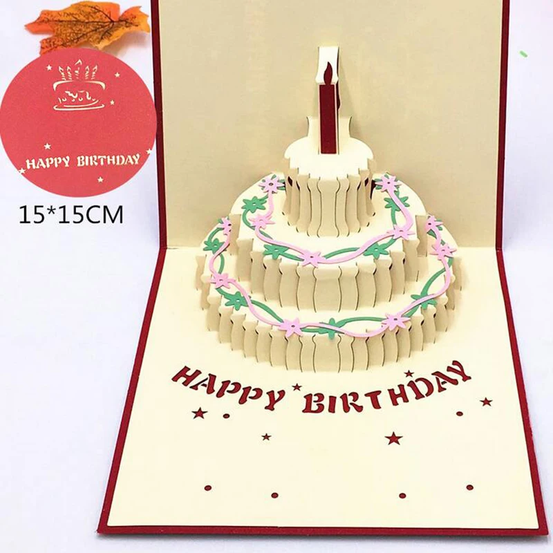 

1pcs Happy Birthday Gift Cake Card Pop Up 3D Greeting Cards With Envelope Postcard Invitation Handmade Origami Anniversary Decor