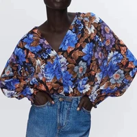 za women print shirt 2021 spring summer v neck single breasted casual long sleeve blouse commute soft short tops