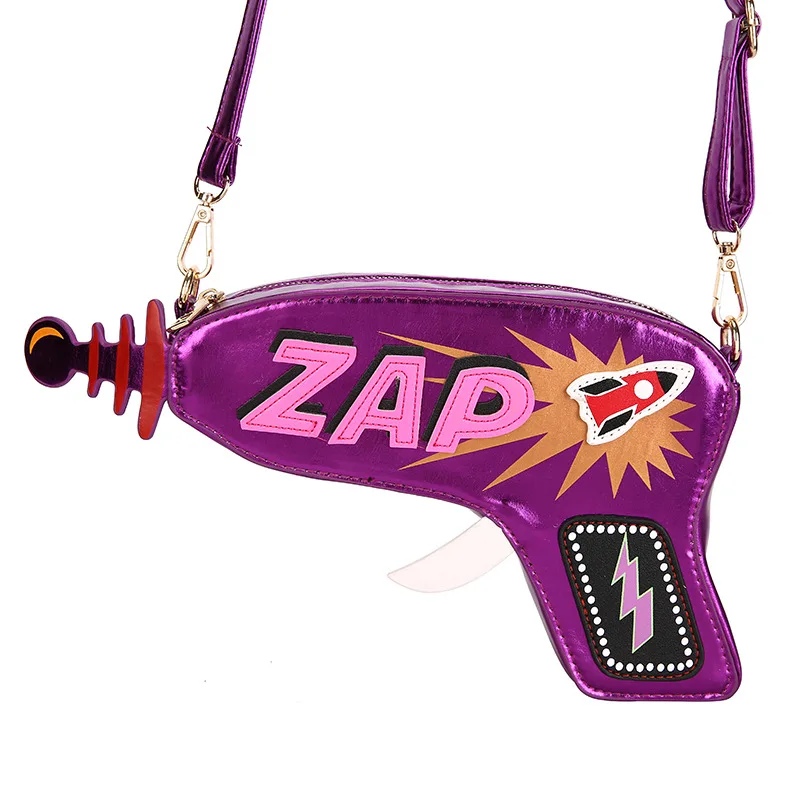 

New European and American fashion creative spoof funny shoulder bag Women shiny pistol female pu messenger bag