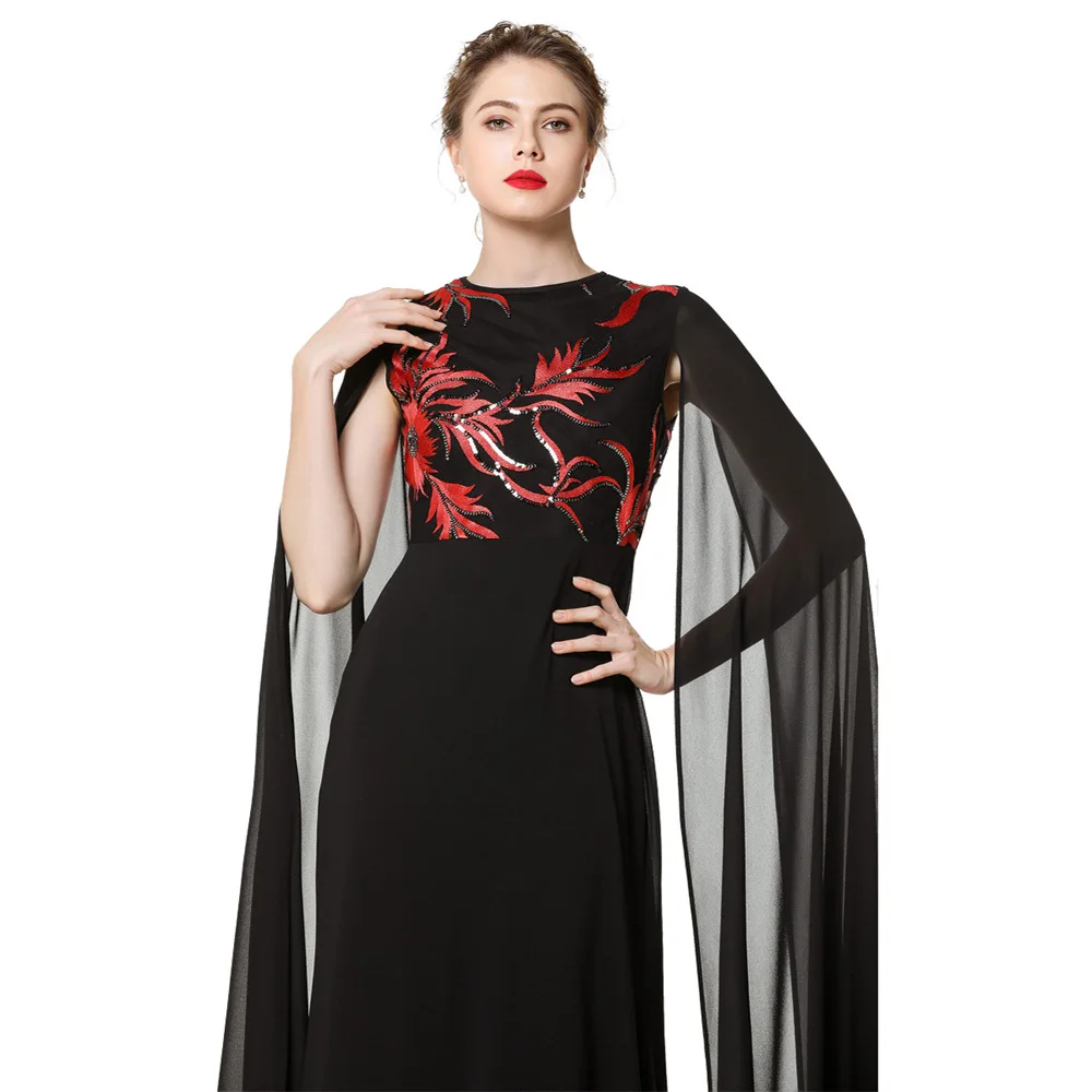 

Vintage Cape Dress Long Maxi Gown Women Dubai Kaftan Sequins Cocktail Formal Dresses Saudi Arabic Abaya Cloak Sleeve Dresses