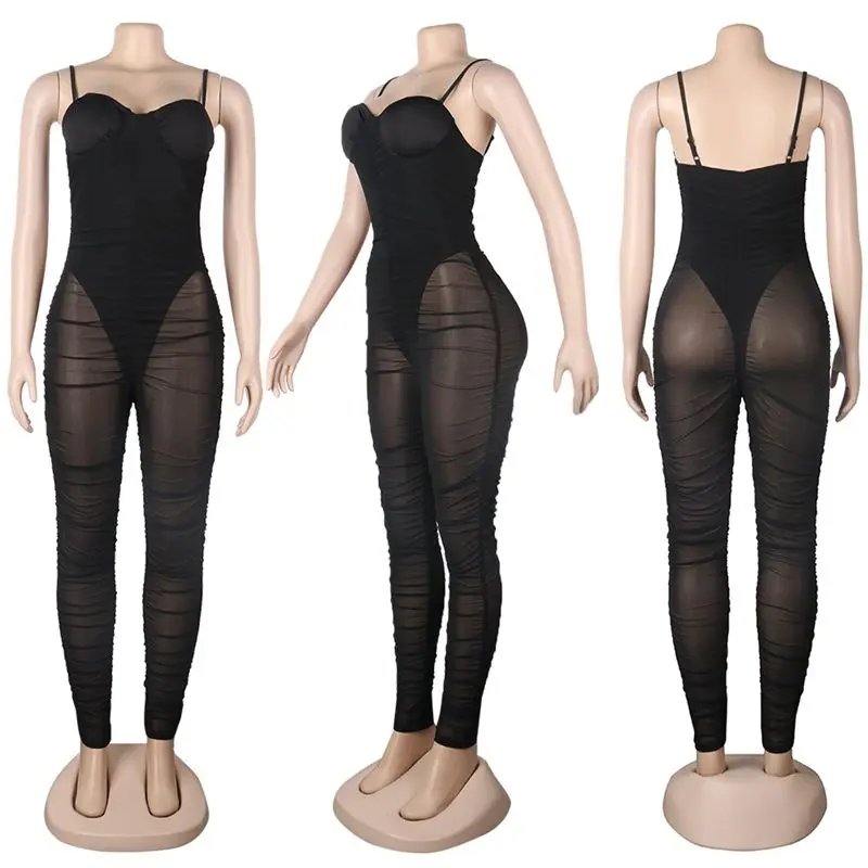 

TNNAOFF Mesh Sheer Bodycon Jumpsuit for Women Birthday Outfits Summer Sexy One Piece Club Strapless Spaghetti Strap Rompers