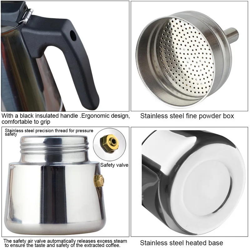 Moka Express 2/4/6/9 Cups Capacity Stainless Steel Coffee Kettle Pot Maker With Safety Valve 100ml/200ml/300ml/450ml | Дом и сад