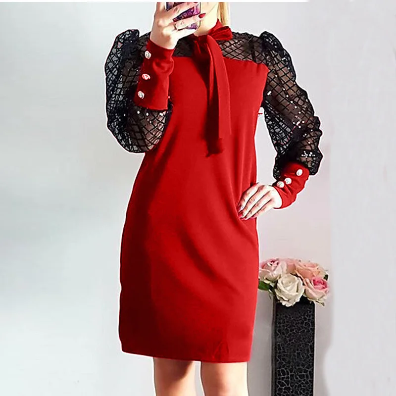 

Autumn Casual Women Dress Long Sleeve Crewneck Lace Up Vestidos Winter Fashion Patchwork Mesh Sequins Puff Sleeve Bow Dresses