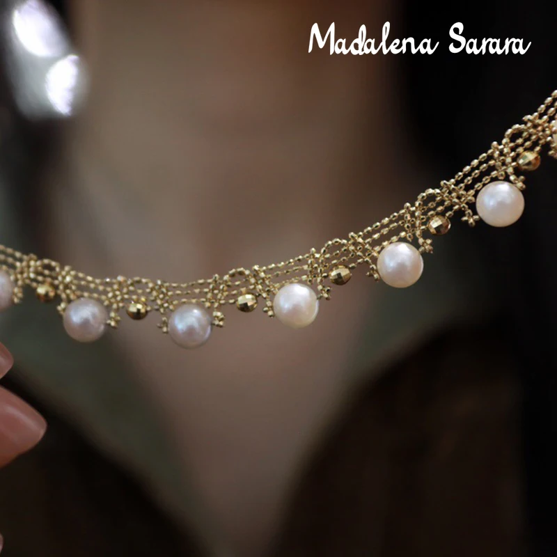 للبيع MADALENA سارارا 18k الذهب اليد جديلة النساء قلادة تموج الدانتيل حافة نمط واسعة 5-6 مللي متر المياه العذبة اللؤلؤ Au750 سلسلة قلادة-C