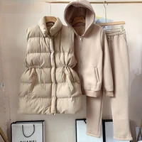 2021 new arrival padded vest zip hooded trousers women winter warm 3pcs sweatpants suit solid color m xl