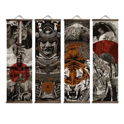 Японский самурай укийой, тигр, холст, постер, картины для гостиной, домашний Декор, живопись, настенное искусство с твердой древесиной, висячий свиток