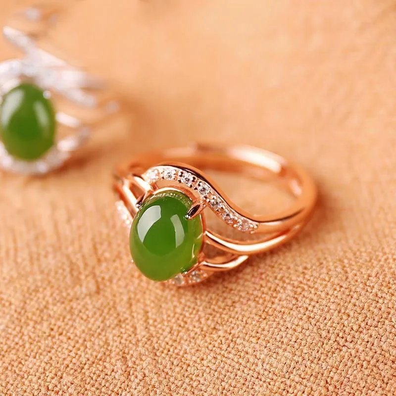 

Natural Jade Hetian Jade Women's S925 Silver Rose Gold Jasper Egg Noodles Fashion Openning Ring Gift