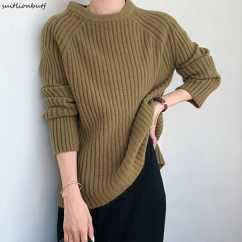 

Корейский винтажный плотный вязаный свитер для женщин, пуловер с длинными рукавами, женские джемперы, зимние базовые Топы неправильной фор...