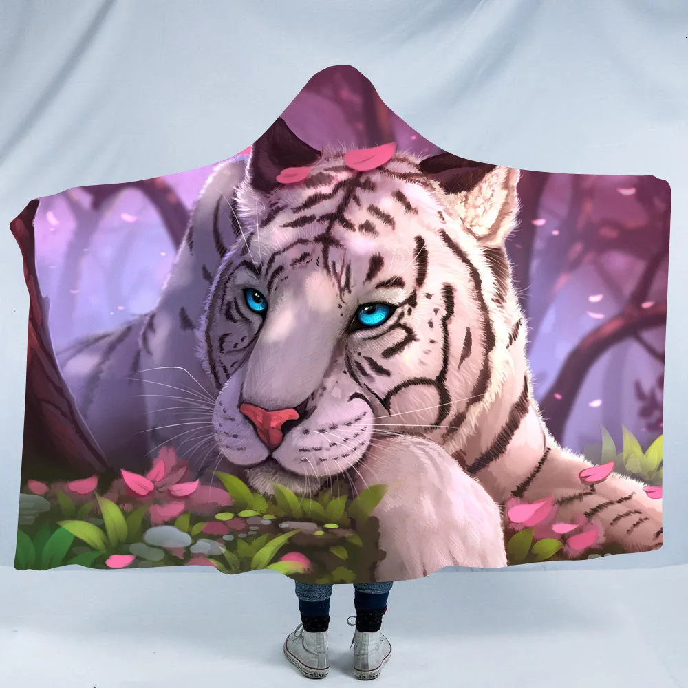 Одеяло с капюшоном и тигром утолщенное тонкое дорожное покрывало 3d рисунком
