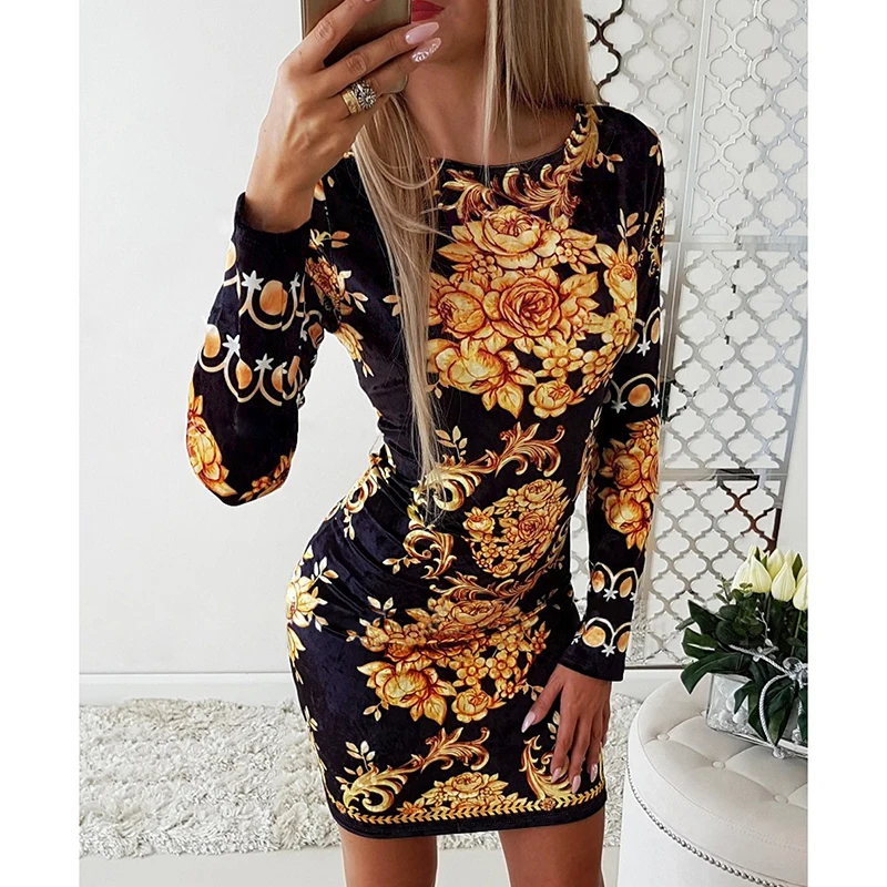 

Retro Print Stretchy Bodycon Dress Women O Neck Long Sleeve Party Dress Vintage Slim Fit Mini Party Dresses