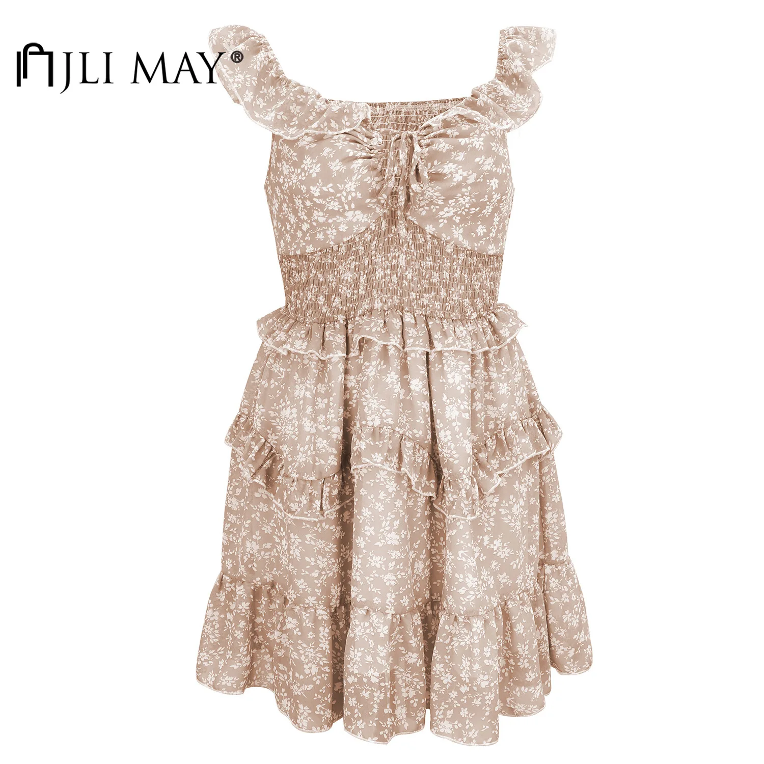 

JLI MAY Floral Print Dress Women Casual V-Neck Sleeveless Spaghetti Strap Lace-up Empire A-Line Slim Mini Ruffles Dresses