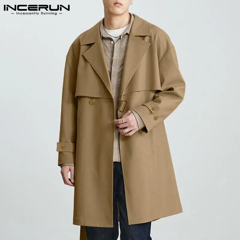 

Тренч мужской однотонный, уличная одежда, мешковатая Повседневная Верхняя одежда с отложным воротником и длинным рукавом, на шнуровке, модн...