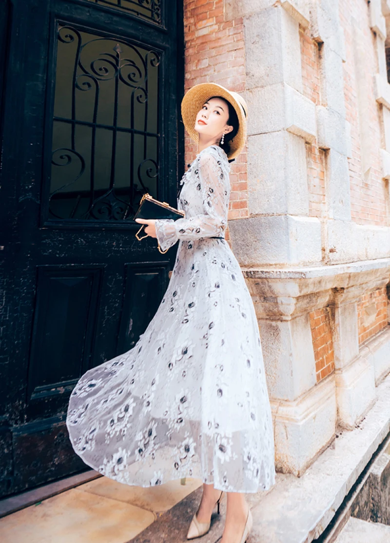 

Elegant Flower Print Lace Up Flare Sleeve Summer Women Dress Three Quarter Sleeve Causal A Line Long Dress Summer 2019 New