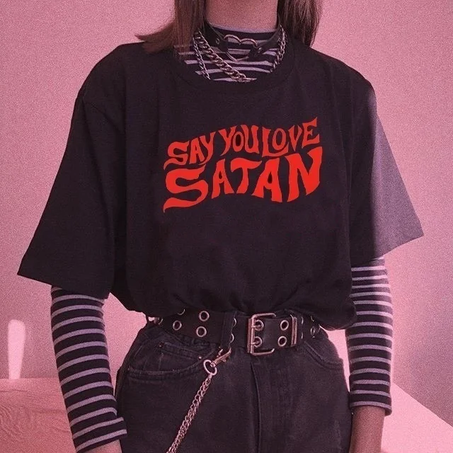 

Черная футболка Starqueen-JBH, унисекс, милый топ с надписью «Say You Love Satan», сатанинская Готическая рубашка