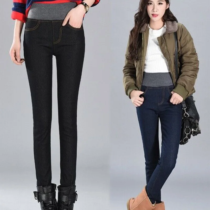 

Jeans Woman Winter Thick Thermals Warm Fleece Nap Slim Straight Pants Outdoor Casual Navy Blue Black High Waist Jean Women Jeans