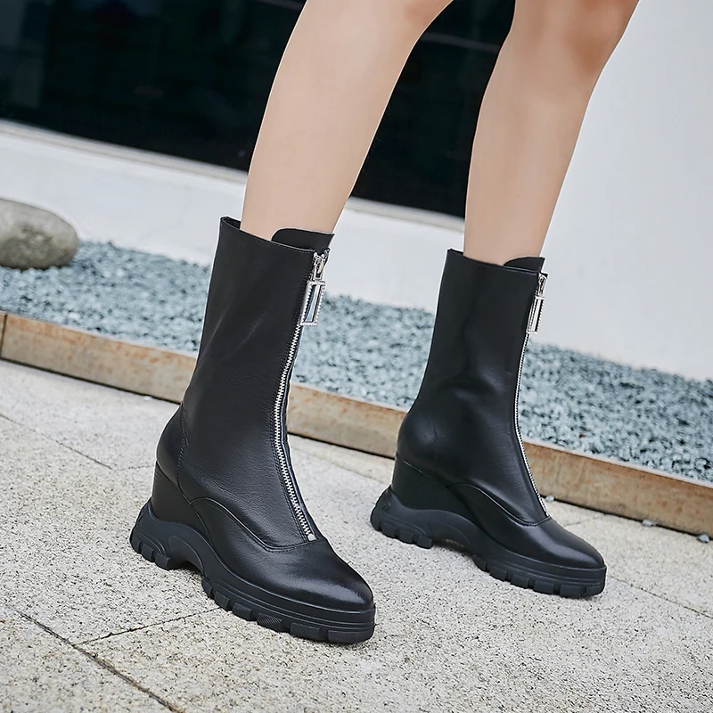

WETKISS Wedges High Heels Boots Women Cow Leather Ankle Booties Cow Leather Platform Shoes Female Round Toe Shoes Ladies Winter