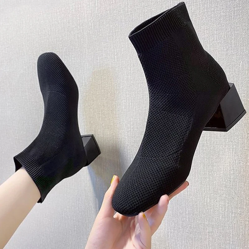 

2021 г., зимние женские ботинки, носки осенние модные ботинки «Челси» женские ботильоны на квадратном каблуке, женская вязаная эластичная обу...