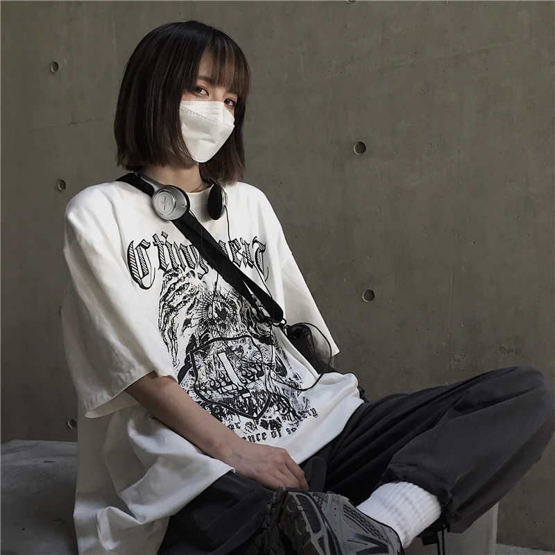 Женская футболка в стиле Харадзюку милая свободная панк с коротким рукавом и