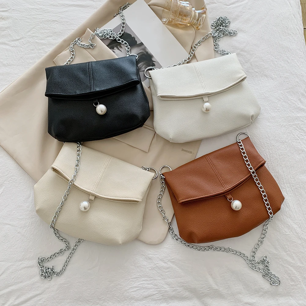 

Vintage Women Pure Color Lichee Pattern PU Messenegr Bags Pearl Leather Handbags Women's Fashion Flap Leather Handbags
