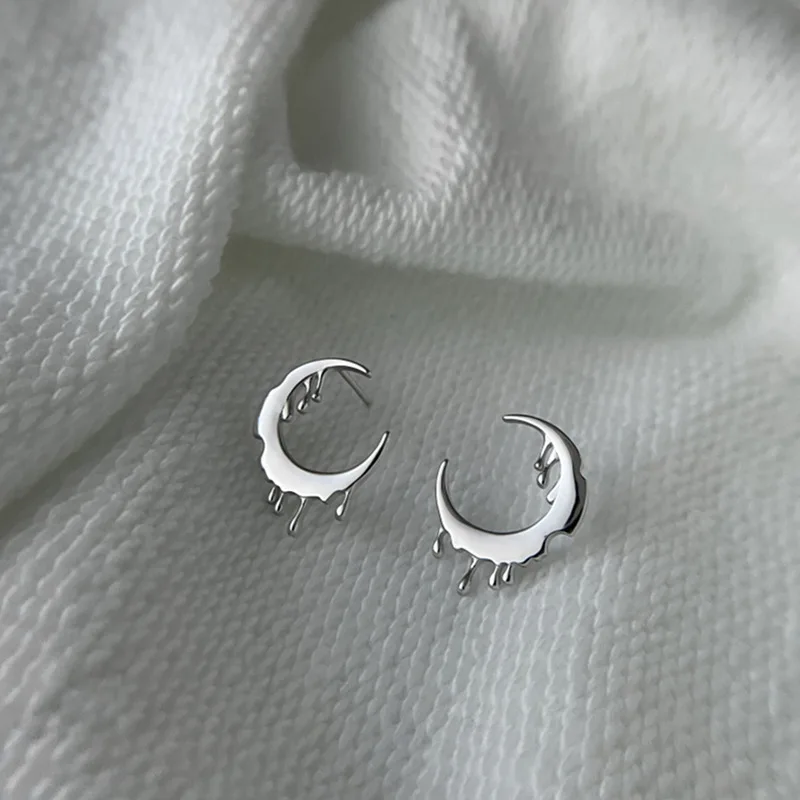 

PANJBJ 925 Sterling Silver Dissolving Moon Earrings Women Fashion Exaggerated Cool Personality Lava Texture Jewelry Gift