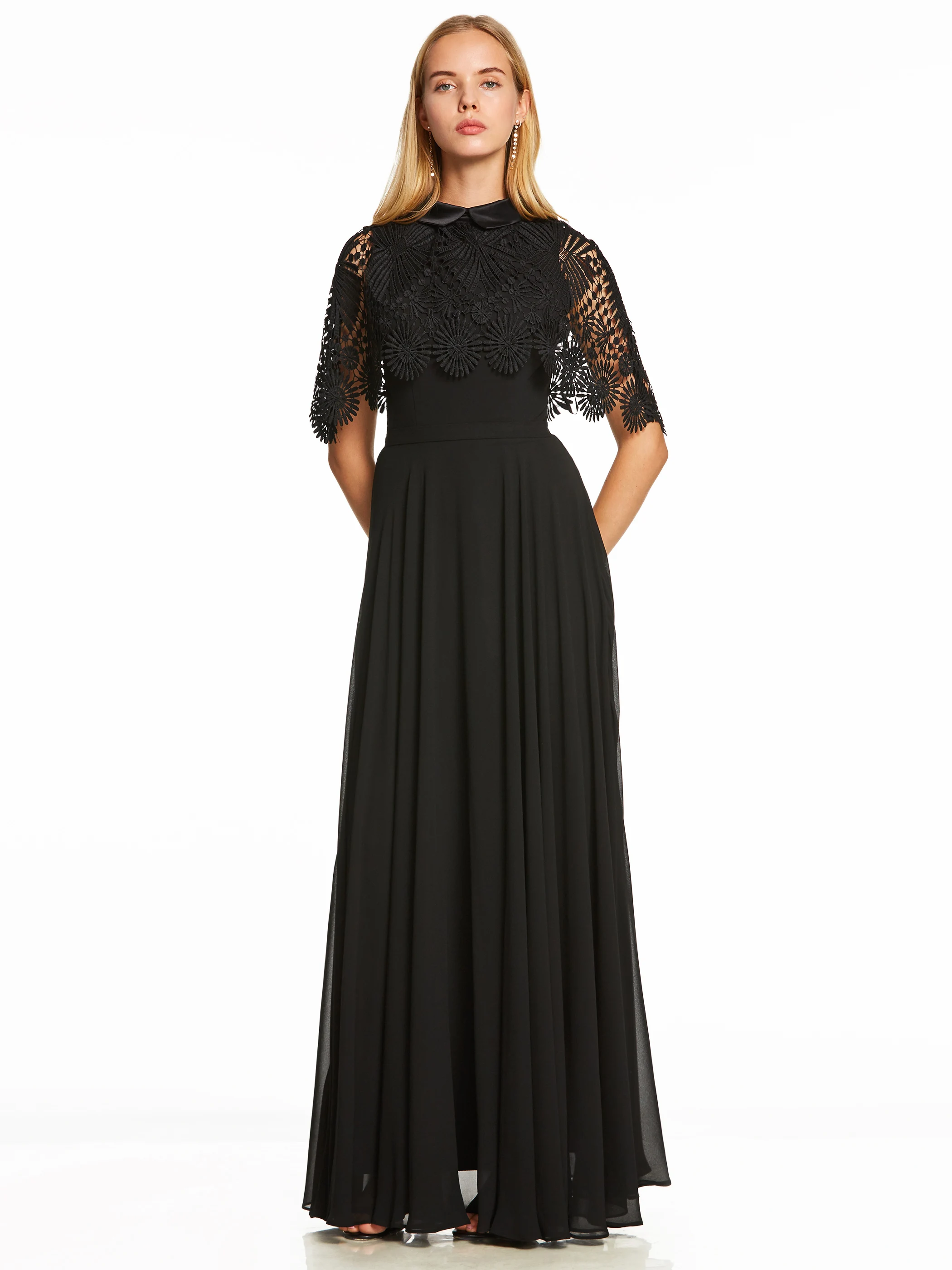 

Scoop Neck Short Sleeves A Line Black Evening Lace Dress Nice Pop Style Plus Size Zipper-Up Floor-Length Suit Summer Fall