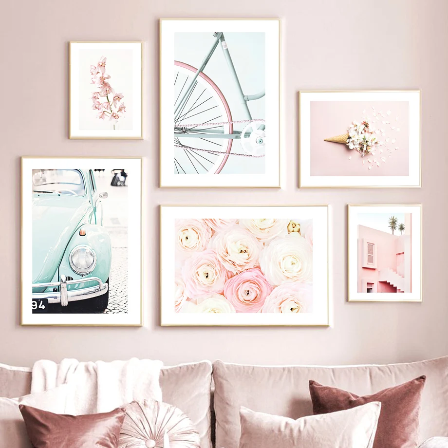 

Spring Flowers Retro Car Bike Pink Walls Nordic Posters And Prints Wall Art Canvas Painting Wall Pictures For Living Room Decor