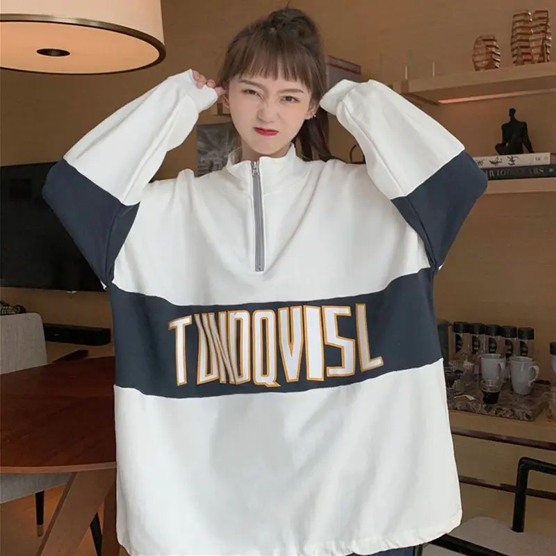 

Large size sweatshirt for women men half high neck thin preppy tops loose zipper all-match Letter printing jacket Korean style