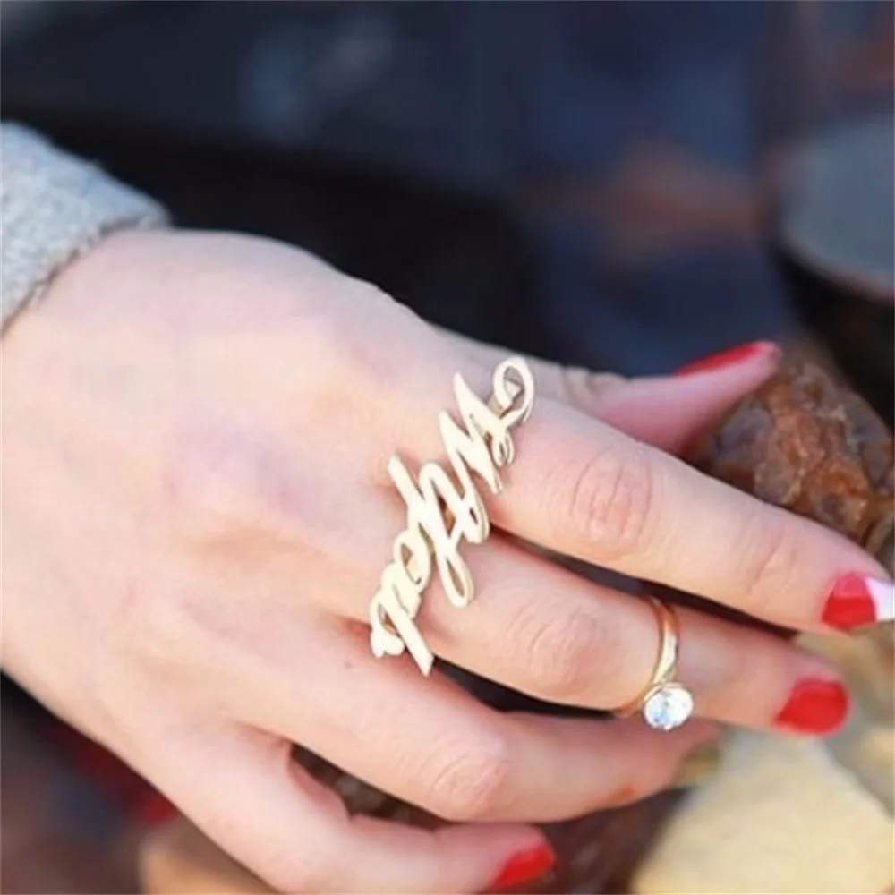 Anello nome personalizzato anello doppio dito personalizzato anello targhetta in acciaio inossidabile regalo gioielli personalizzati per donna/uomo