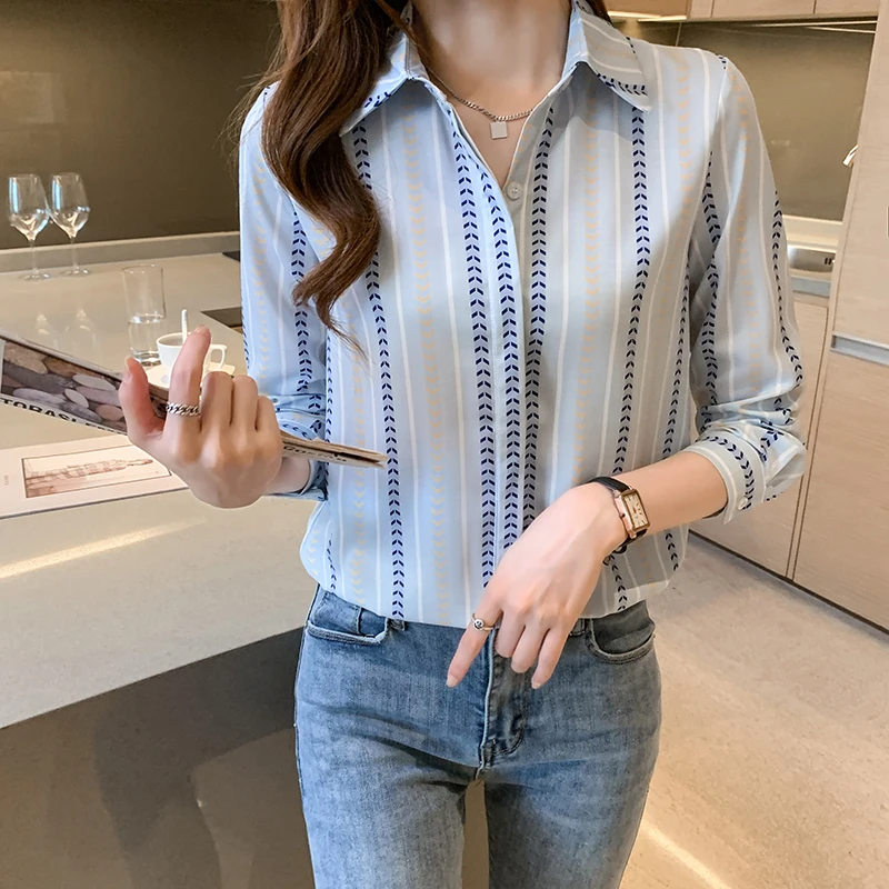 

Полосатая женская блузка с принтом, рубашка-поло для девушек, шифоновая блузка, Новый Повседневный Свободный Топ с длинным рукавом, летние ж...