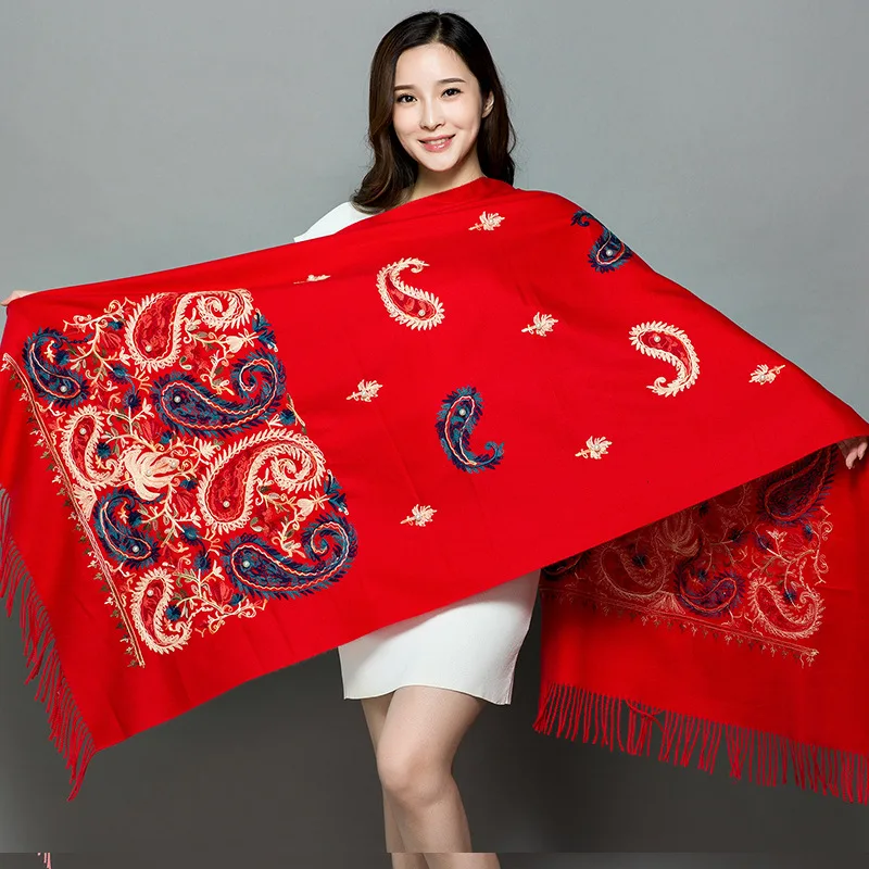 Осень зима 2019 новинка Красная Вышивка Цветочная искусственная шаль шарфы с