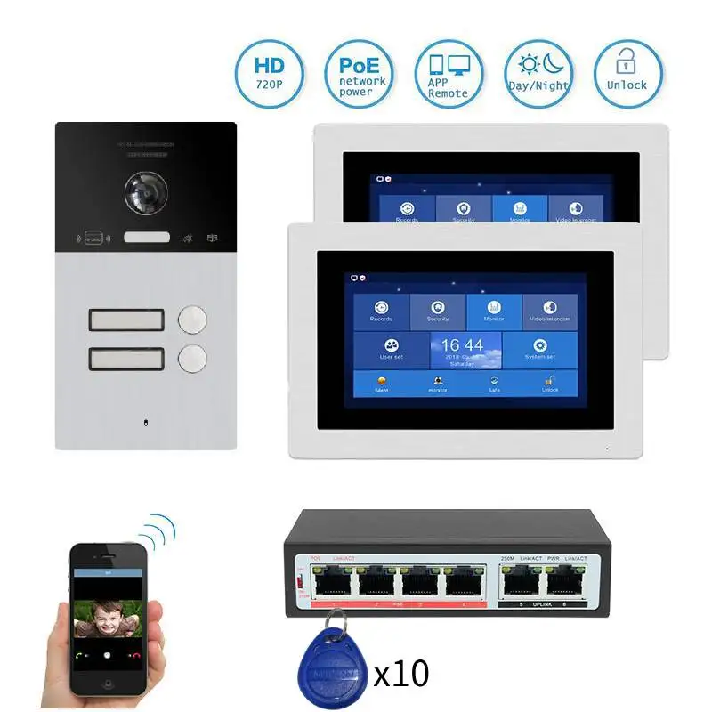 POE переключатель 1.0MP WIFI IP 2 3 4 квартира 7 "видеодомофон Набор для записи