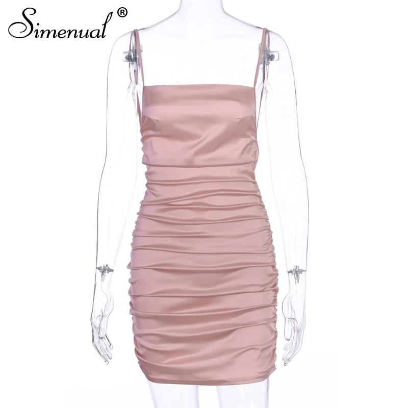 pink Simenual Сексуальное Женское сатиновое платье с открытой спиной и рюшами модные вечерние Клубные облегающие мини-платья без рукавов Новинка - Цвет: pink
