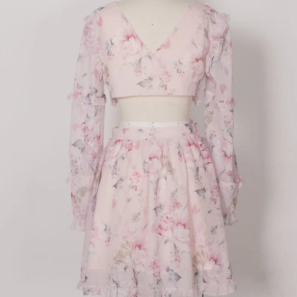 

Elegant V-neck Floral Printed Women Dress Long Sleeve Ruffles A-line Female Chiffon Dress Vintage Women Cocktail Dress Vestidos