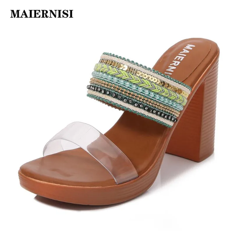 

Summer Ladies Fashion Slippers Women High Heels Sandals Platform Women Casual Shoe Female String Bead Applique Footwear 2021 New
