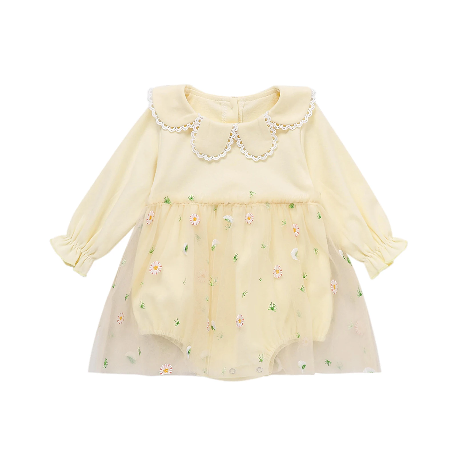 

Girl’s Princess Triangle Romper Skirt, Long Bubble Sleeve Doll Collar Patchwork Romper with Printed Tulle Skirt Hem