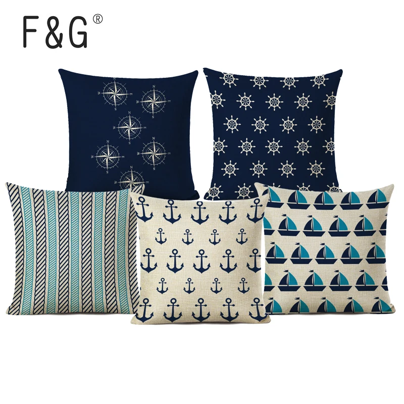 

Nautical Throw Pillows Blue Anchor Sea Style Decorative Cushion Cover Car Sofa Home Decor Linen Printing Pillow Case Cover