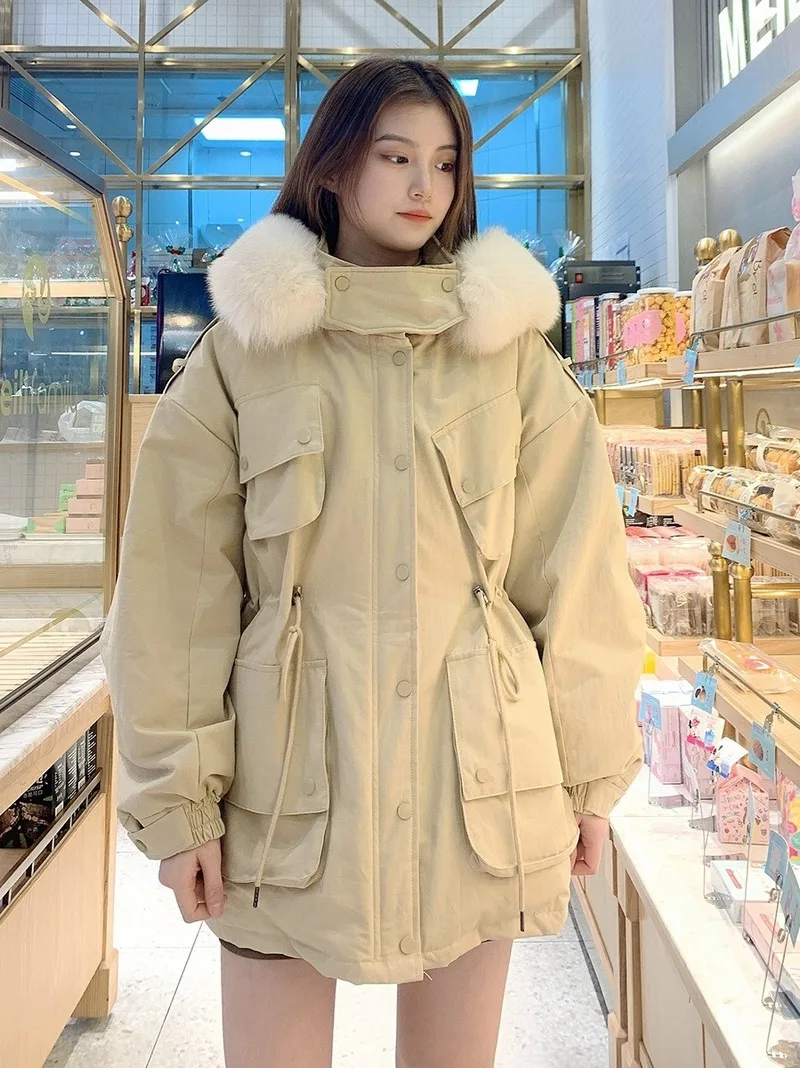 Новый стиль зимняя куртка пуховик для женщин кулиска на талии средней длины с