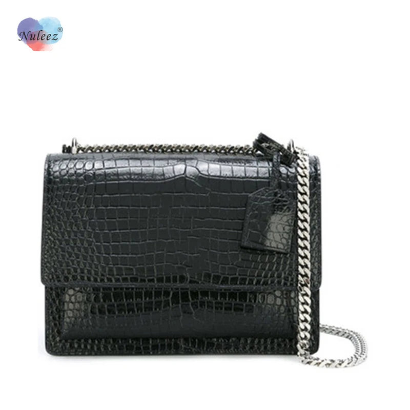 

Nuleez Crocodile Pattern Leather Flap Bag Women Silver Chain Cross Body Y Famous Star Favorite Silver Lock Classical