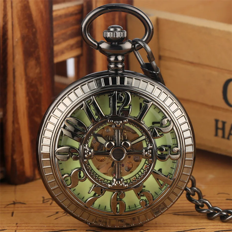 Self Winding Mechanical Pocket Watch Black/ Green Arabic Numerals Dial Automatic Clock Steampunk Pendant Gift | Наручные часы
