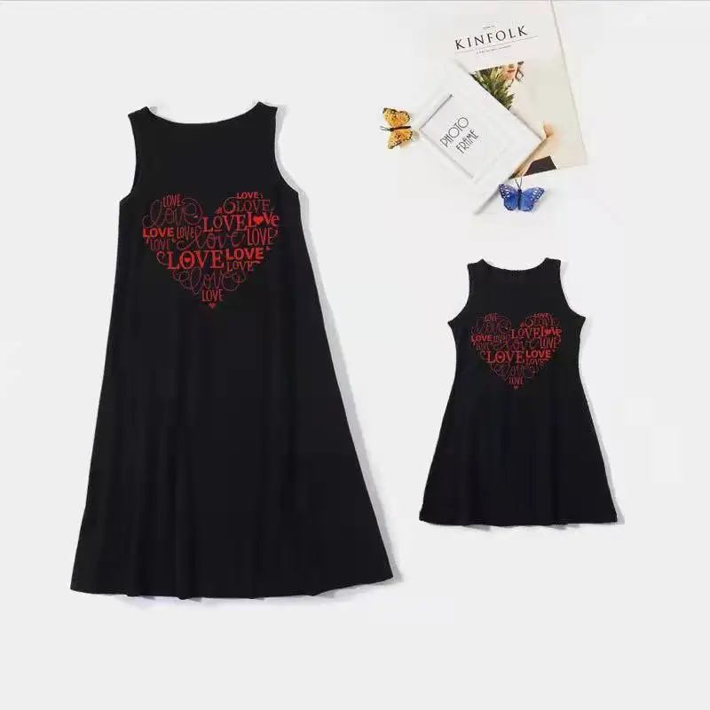 

Family Set Sleeveless Mother Daughter Dresses Love Mom Baby Mommy and Me Matching Clothes Women Girls Cotton T-shirts Dress 2022