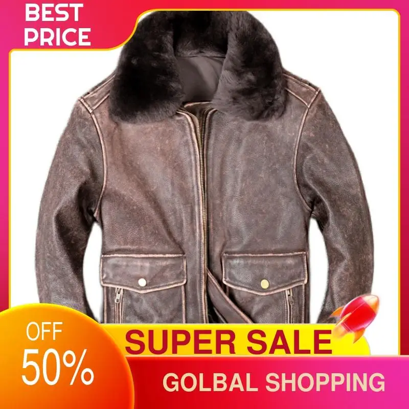 

2021 Vintage Brown Military Style Genuine Pilot Leather Jacket Wool Collar Large Size 5XL Real Natural Cowhide Aviation Coat