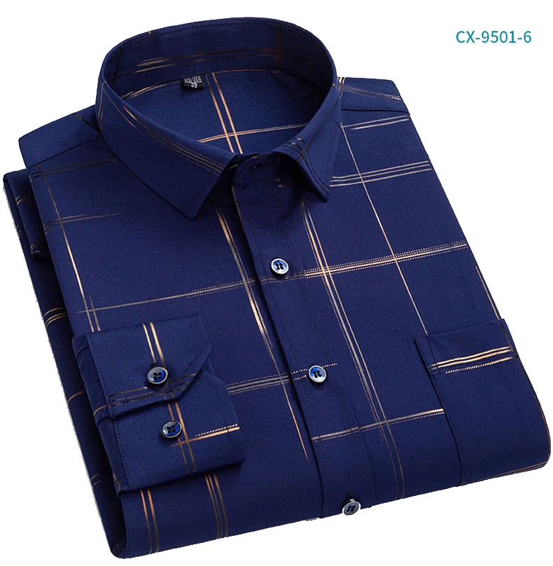 Mens Long Sleeve Shirts Fashion Print Single Pocket Regular Fit Business Shirt Turn Down Collar Plaid Non-iron Casual Shirts