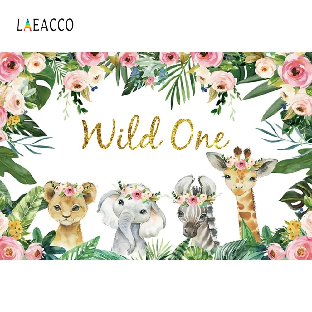 

Laeacco Birthday Backdrops For Photography Animals Safari Party Photo Backgrounds Flowers Leaves Photophone Newborn Photocall