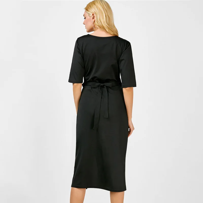 Женское черное однотонное платье с v-образным вырезом и рукавом средней длины