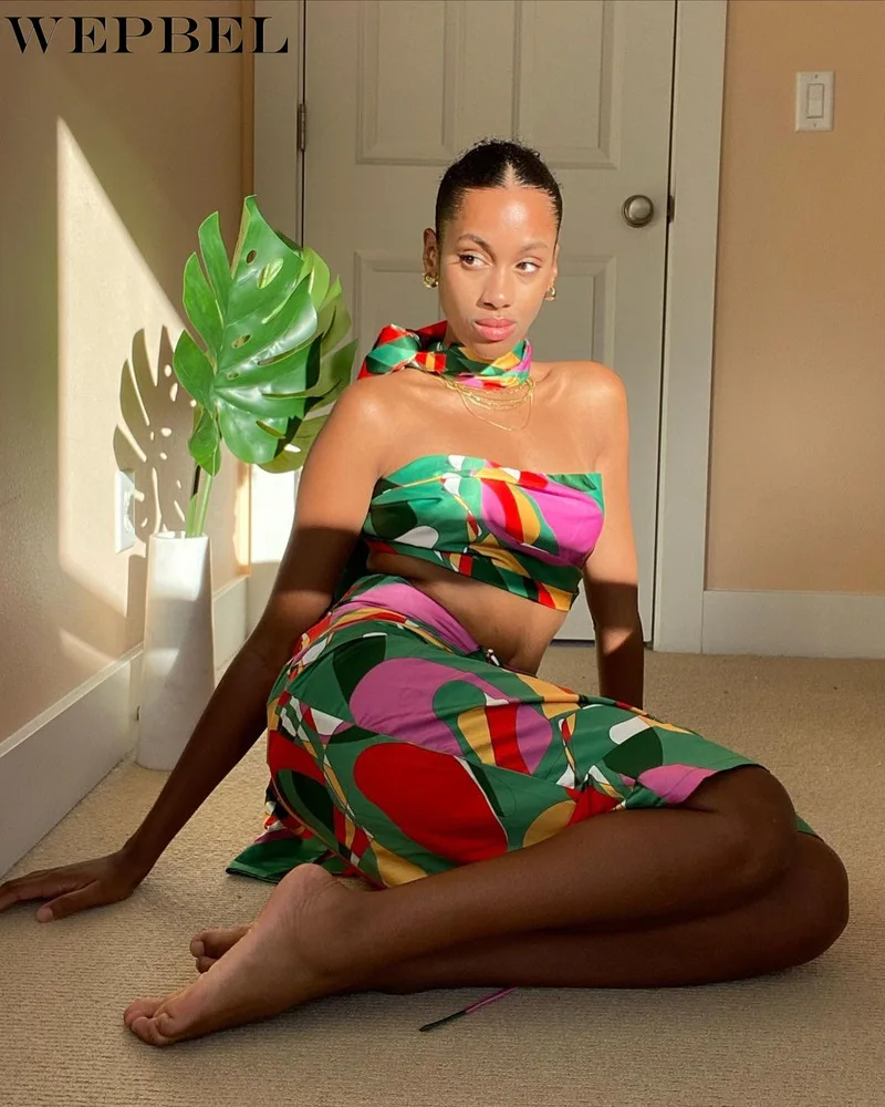 

WEPBEL Women Spring Summer Sexy Print Crop Top Skirt Set Two Piece Set Bandage Multiple Ways Tie Ladies Suit