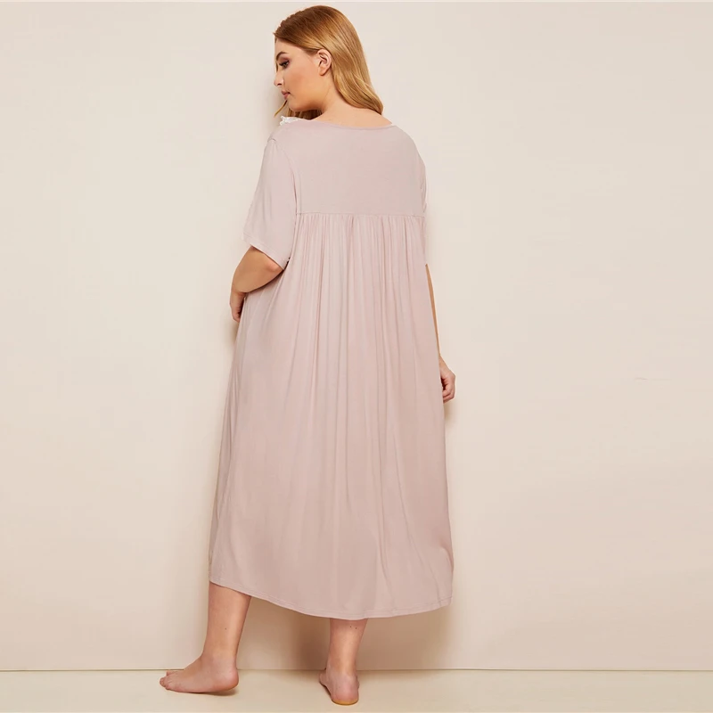 SHEIN плюс размер розовые контрастные кружевные ночные платья с коротким рукавом женские летние повседневные квадратные шеи большие размеры пижамы платье