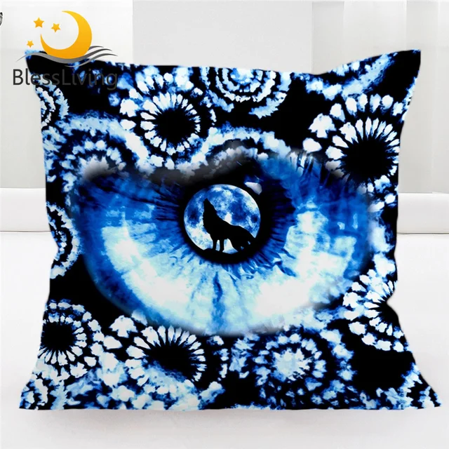 BlessLiving Blue Tie Dye Pillow Covers Watercolor White Tye Dye Home Decorative Pillow Cases Ethnic Wolf Cushion Covers 1